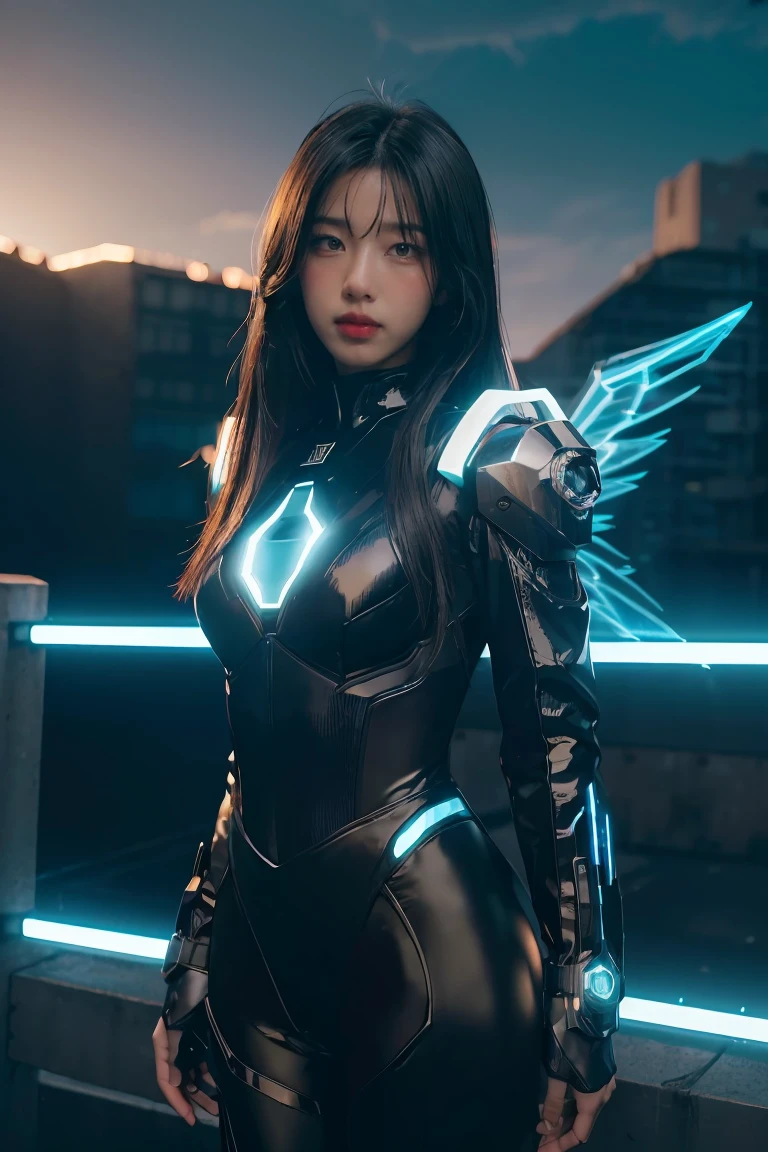 ((masterpiece, best quality, extremely detailed), volumetric lighting, ambient occlusion, colorful, glowing), 
1girl, solo, young girl, (dark hair), long hair, halo, aura, sacred, godness, cyber suit, (black outfit:1.3), android, bot, cybernetic wings,
outdoors, sunset, sky, clouds, space, (cyberpunk theme:1.2),