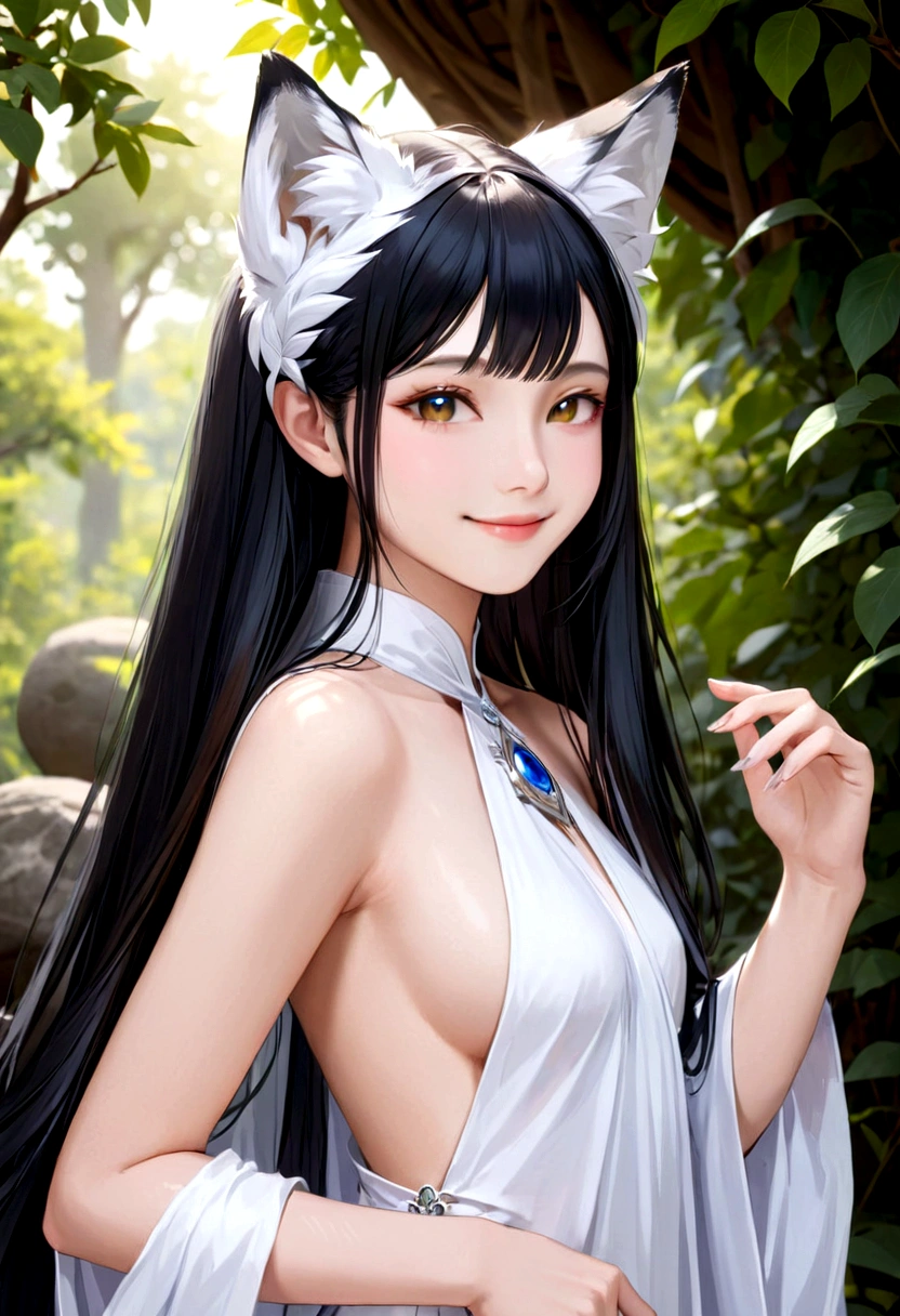 Beautiful fox girl with white skin and silver fox ears., A girl with black hair and a gentle smile&Silvertail, In the form of a priestess'Costume