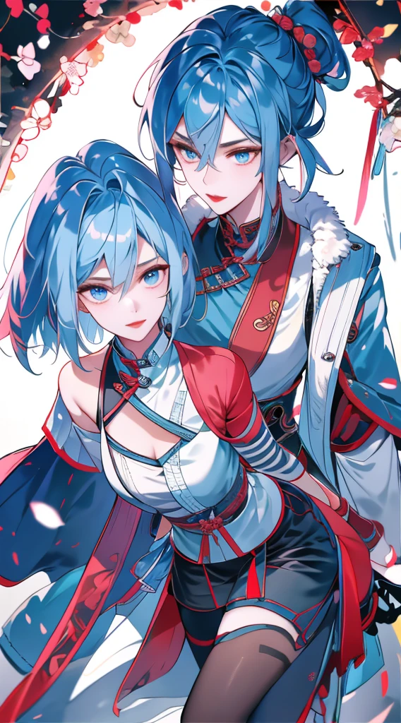 Masterpiece, Best quality, 1 Ji Ruxue, the expression is cold, strong, blue eyes, short hair, wolfcut hairstyle, smoky mix blue color hair, resolute eyes, red lips, simple Taoist Taoist uniform, Chinese mix morden, frontal photo, black or white background, simple background, アニメ, illustration, Chinese style short-sleeved shirt, cool girl, Ji Ru Xue, Fullbody, blank background , full HD, simple background, chibi