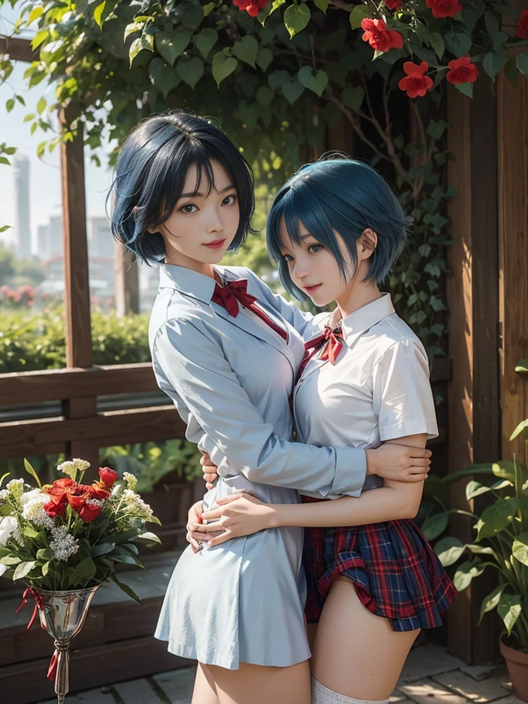 ((Two girls,duo,caressing the))"Beautiful female characters in anime style、Short blue hair、eBlue eyes、A smile、blazers、white shirt、red bowtie、red plaid skirt、Figures in black stockings、Bouquet in hand、Scene of dancing in a summer garden。With high-quality depictions and the highest quality、emphasizing thighs、In the bright sun、The whole body glows、Paint a gorgeous picture。"
, camel toe, โชว์กางเกงใน,