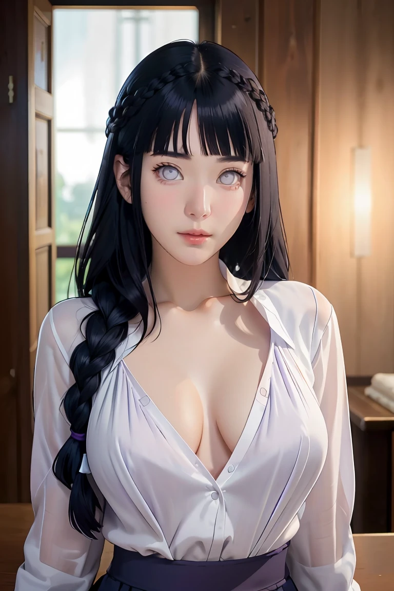 tmasterpiece, best qualityer, ultra - detailed, illustration,1girll,
long whitr hair,dark-blue hair,french braid,Purple eye,bluntbangs,cleavage,Large breasts
shirt,
mideum breasts,
looking at viewert,hyouka/(Boruto/),Detailed lips