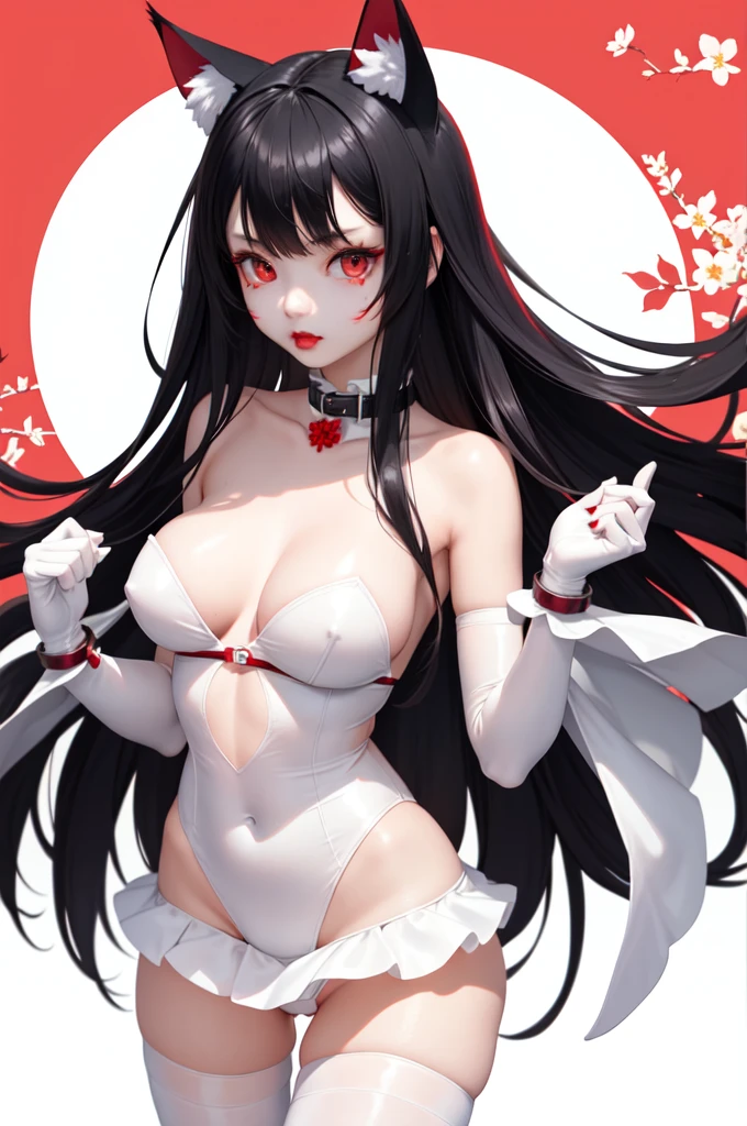 1 girl、Detailed facial details,,Handcuffs,Collar,Cat ear,White long hair,Red lips,Slim,Wearing white latex tights,Large Breasts,Charming red eye,Handcuffs,collar,Radiant Skin,flower,坐在蓝色flower海里,Bright background