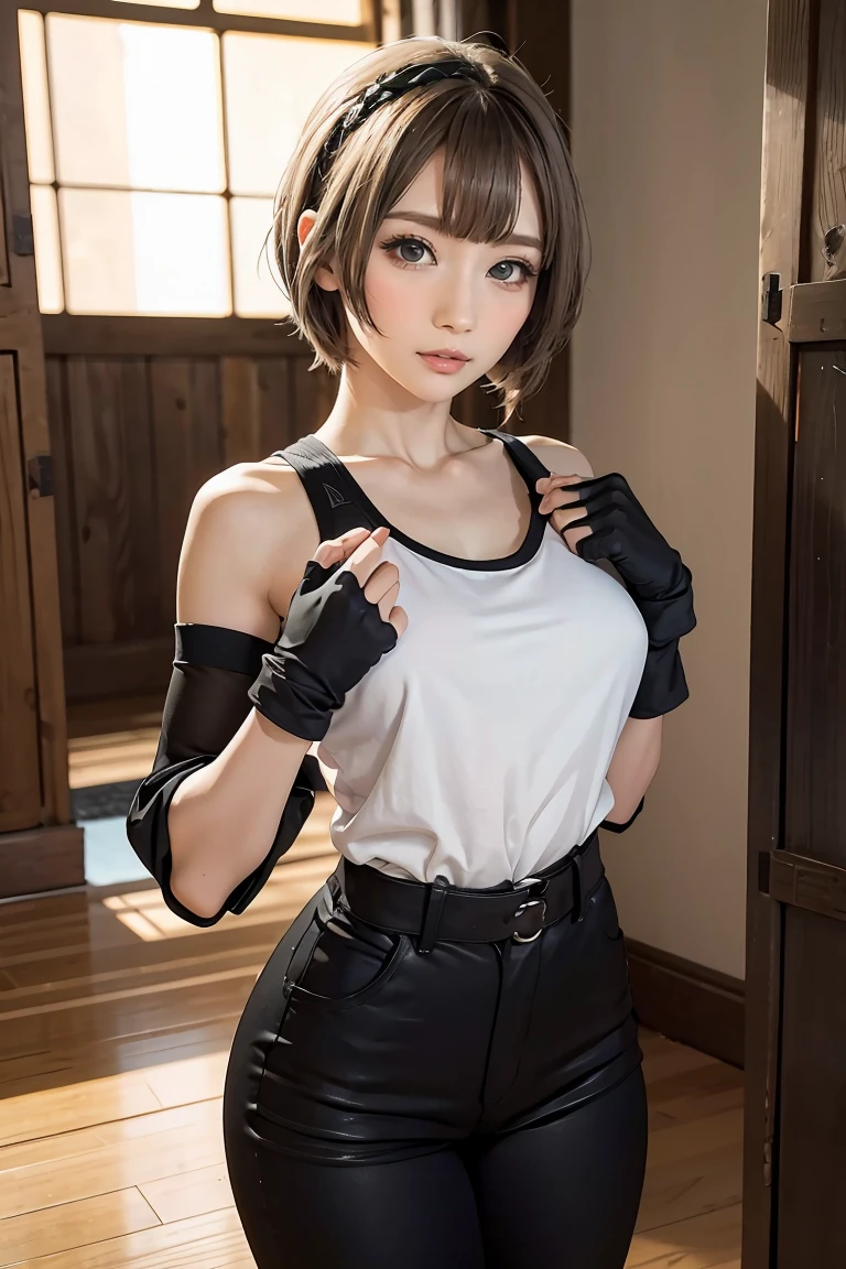 masterpiece, best quality,alhaitham(genshin impact), 1girl, female focus, shirt, solo, gloves, sleeveless shirt, grey hair, green eyes, sleeveless, ahoge, black shirt, bangs, hair over one eye, black gloves, indoors, sanctuary, fingerless gloves, black pants, pants, swept bangs, boots, bare shoulders, short hair, elbow gloves,(kbxll:0.6), open hands, muscles