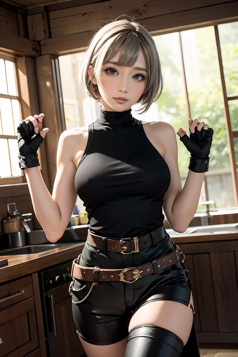 masterpiece, best quality,alhaitham(genshin impact), 1girl, female focus, shirt, solo, gloves, sleeveless shirt, grey hair, green eyes, sleeveless, ahoge, black shirt, bangs, hair over one eye, black gloves, indoors, sanctuary, fingerless gloves, black pants, pants, swept bangs, boots, bare shoulders, short hair, elbow gloves,(kbxll:0.6), open hands, muscles