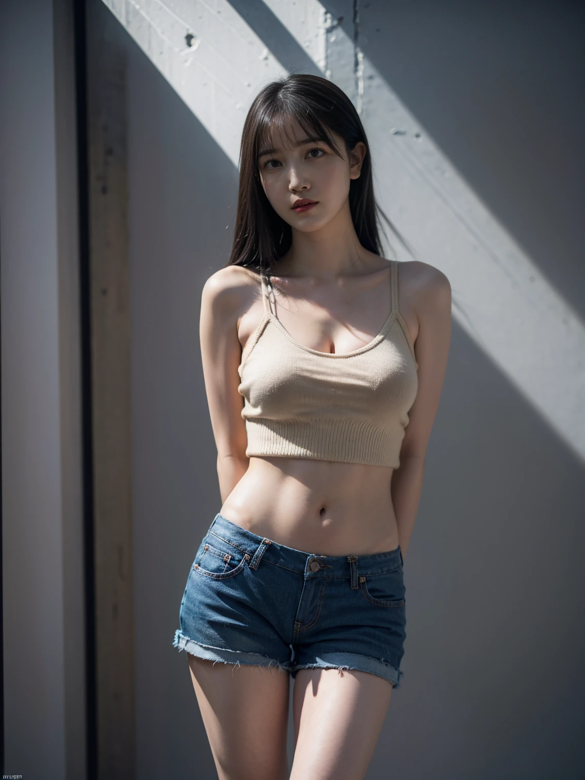A Japanese Lady 24 year old a picture Beautiful breasts Low Cut Camisole Navel out Short camisole Raise both hands Armpit ripped denim shorts Shabby pants No bra thighs thighs thighs thighs Old brick wall --auto