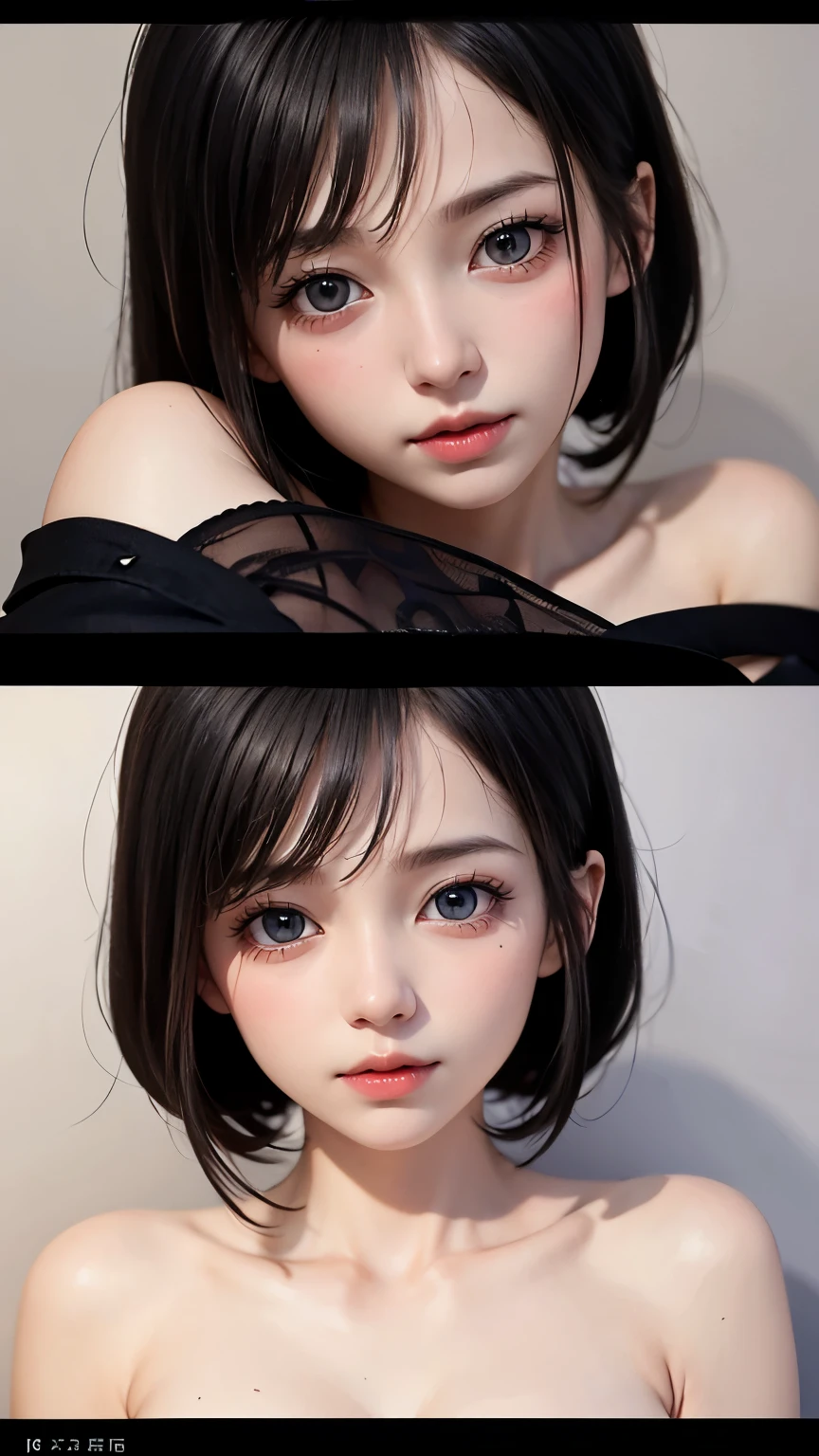 Place multiple images、Close-up photo of a beautiful naked woman、Black Hair、bangs、Place two images, up and down