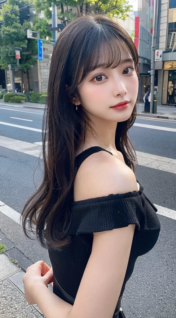 Tabletop, Highest quality, Very detailed, In detail, High resolution, In 8K, Perfect dynamic composition, Beautiful attention to detail, Natural Lip, delicate、Black off-the-shoulder top、Ezvian Everywhere 、plump 、beauty 、Beautiful black hair、Medium Straight Hair、delicateな目、delicateな目元、Highest quality、roadside、blue sky、Recall