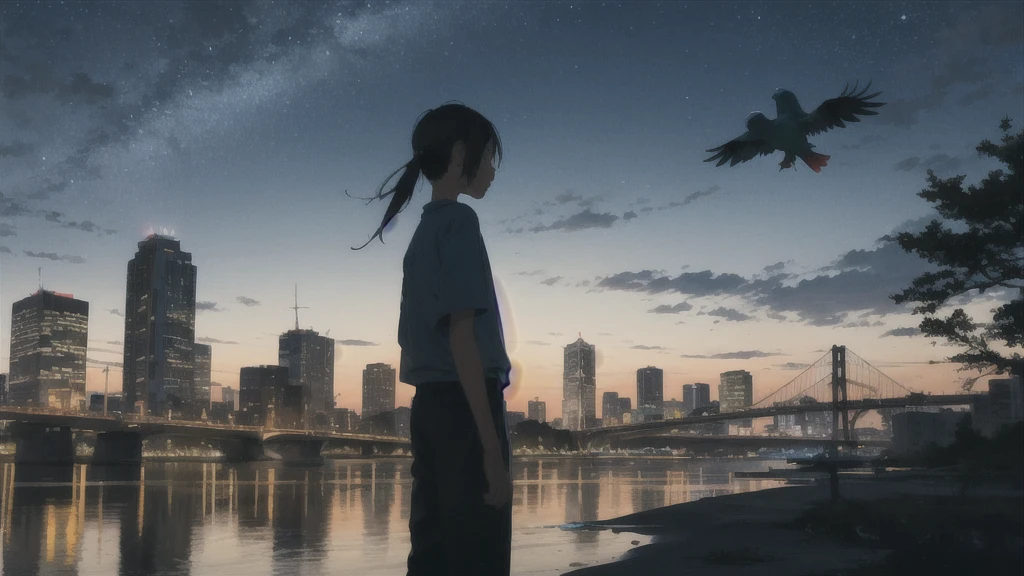 真っ暗なnight空,Octane, star (null), scenery, Blue parakeet,The acoustic guitar is in front of the body.,star, night, A girl and a boy standing back to back, Back view, alone, Outdoor, city,river,Blue parakeet,building, cloud, 天のriver,silhouette