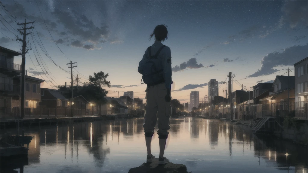 真っ暗なnight空,Octane, star (null), scenery, Blue parakeet,The acoustic guitar is in front of the body.,star, night, A girl and a boy standing back to back, Back view, alone, Outdoor, city,river,Blue parakeet,building, cloud, 天のriver,silhouette