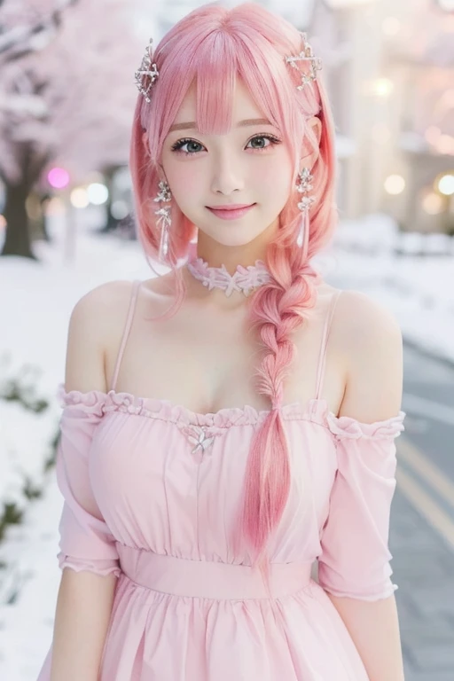 Sara-sara2, Close-up of a woman with pink hair and dress, Real life anime girls, 長いPink Hairpretty girl, Beautiful anime style, Cute Anime Girl, smile、Attractive anime girl, Beautiful Anime Girls, Anime Thai Girl、Small breasts、A cup breasts、pretty girl, Pink Hair, Shirahime cut hairstyle, Realistic young anime girl, Cute Hairstyles、hair ornaments、かわいいhair ornaments、Cute Earrings、backgroundぼやけてる、background(Cinderella Castle)