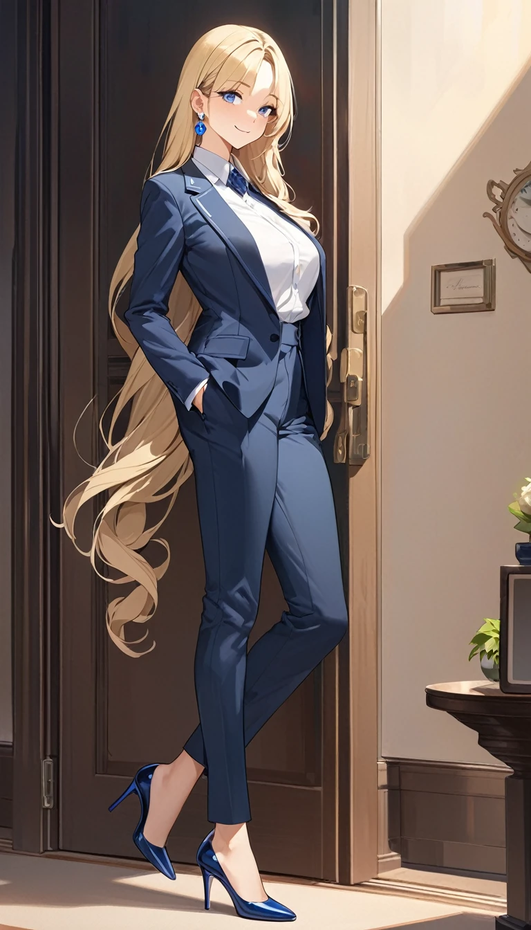 (Highest quality、Very detailed、Ultra-high resolution) 、(1 girl、17 years old、Mature), blue eyes、smile、((Blonde))、Semi-long hair、Beautiful breasts、(suit:1.4), T shirt, High heels, earrings
