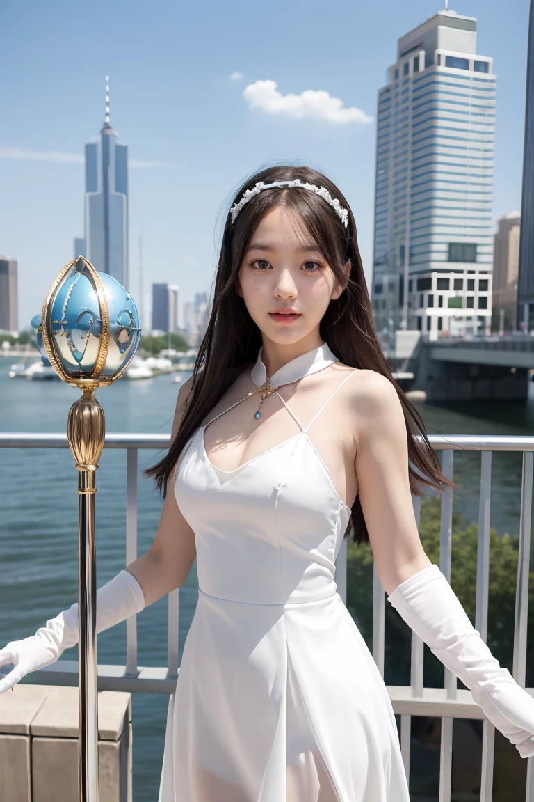 1girl, highres, masterpiece, solo, anime, absurdres, detailed face, perfect eyes, azura (fire emblem), upper body, full body, white dress, jewelry, white gloves, cityscape, holding, staff, singing