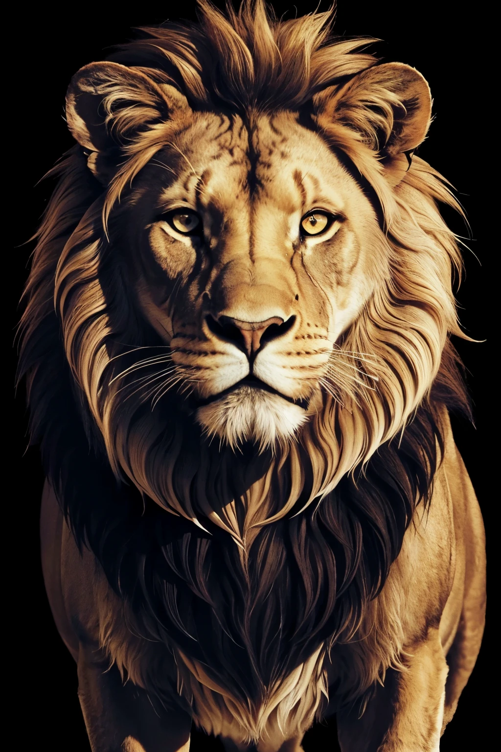 ((best qualityer)), ((work of art)), (detailded), A LION SEEN FROM THE FRONT WITH A BLACK BACKGROUND, male