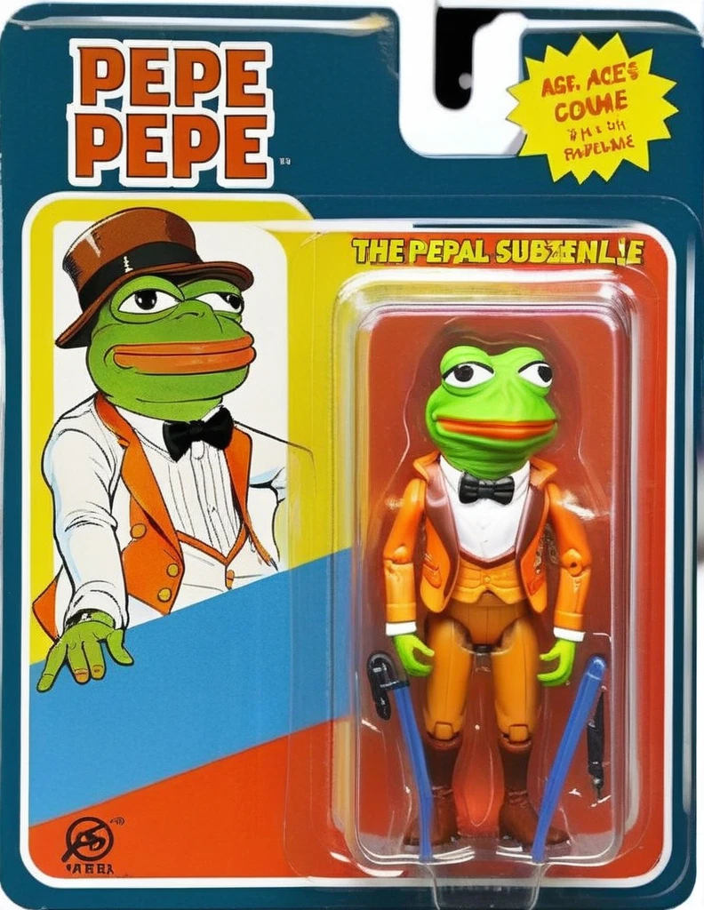 A meticulously detailed, photo-realistic image of a pepe action figure, packaged in a vibrant box. The packaging prominently features a cartoon illustration of pepespal on one side, characterized by exaggerated features and a signature expression. Beside the cartoon, a clear window panel reveals the action figure, a precise replica, with distinct detailing and accurate coloring. The figure's attire mirrors pepe iconic suit and tie ensemble, complete with miniature accessories. The background of the box displays elements symbolic of pepespal presidency, subtly enhancing the collectible's thematic appeal