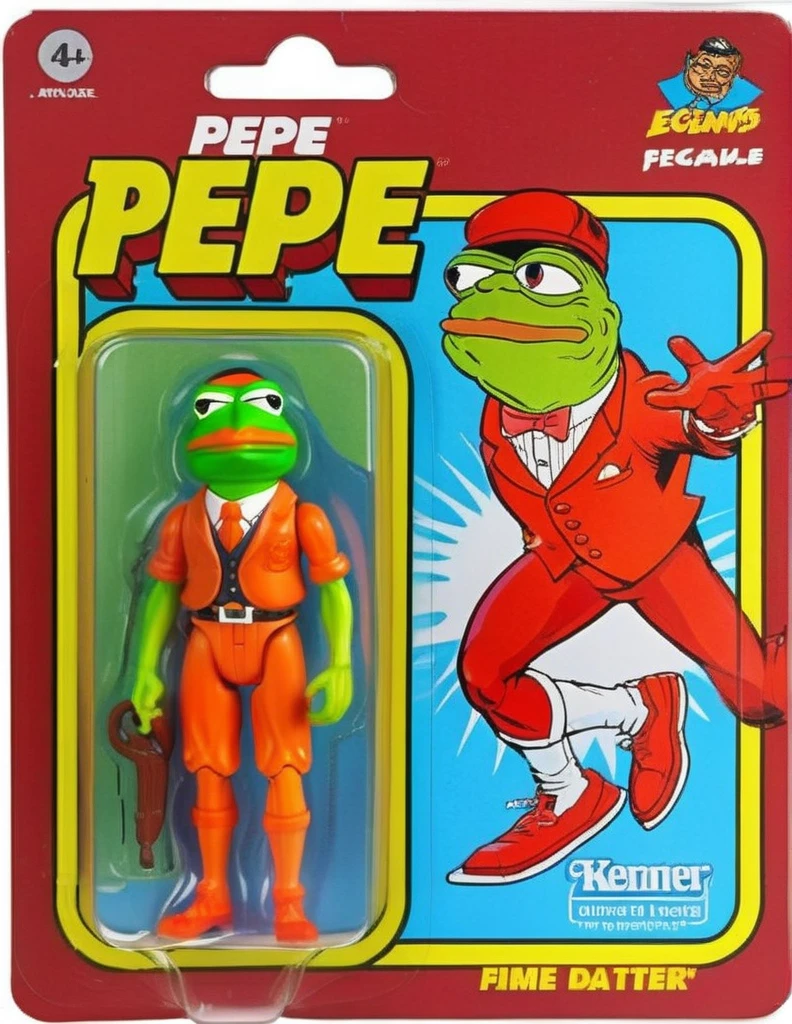 A meticulously detailed, photo-realistic image of a pepe action figure, packaged in a vibrant box. The packaging prominently features a cartoon illustration of pepespal on one side, characterized by exaggerated features and a signature expression. Beside the cartoon, a clear window panel reveals the action figure, a precise replica, with distinct detailing and accurate coloring. The figure's attire mirrors pepe iconic suit and tie ensemble, complete with miniature accessories. The background of the box displays elements symbolic of pepespal presidency, subtly enhancing the collectible's thematic appeal