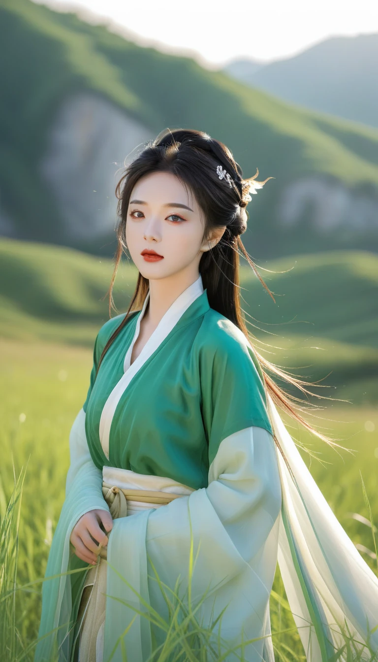 best quality,HD portrait photography, Looking at the audience,Female image wearing traditional Hanfu, Big breasts,summer,ruins,((Messy hair)),(grassland),(Yellow eyes),Ridiculous,(blond),Flowing hair,A large number of environments,middle Ages ,grace,prospect,Water Eye,wind,微wind,Divine Light,grassland,Mountains and lakes in the distance,The sun shines through the trees,A vast expanse of grassland,Pretty Face, beautiful eyes,