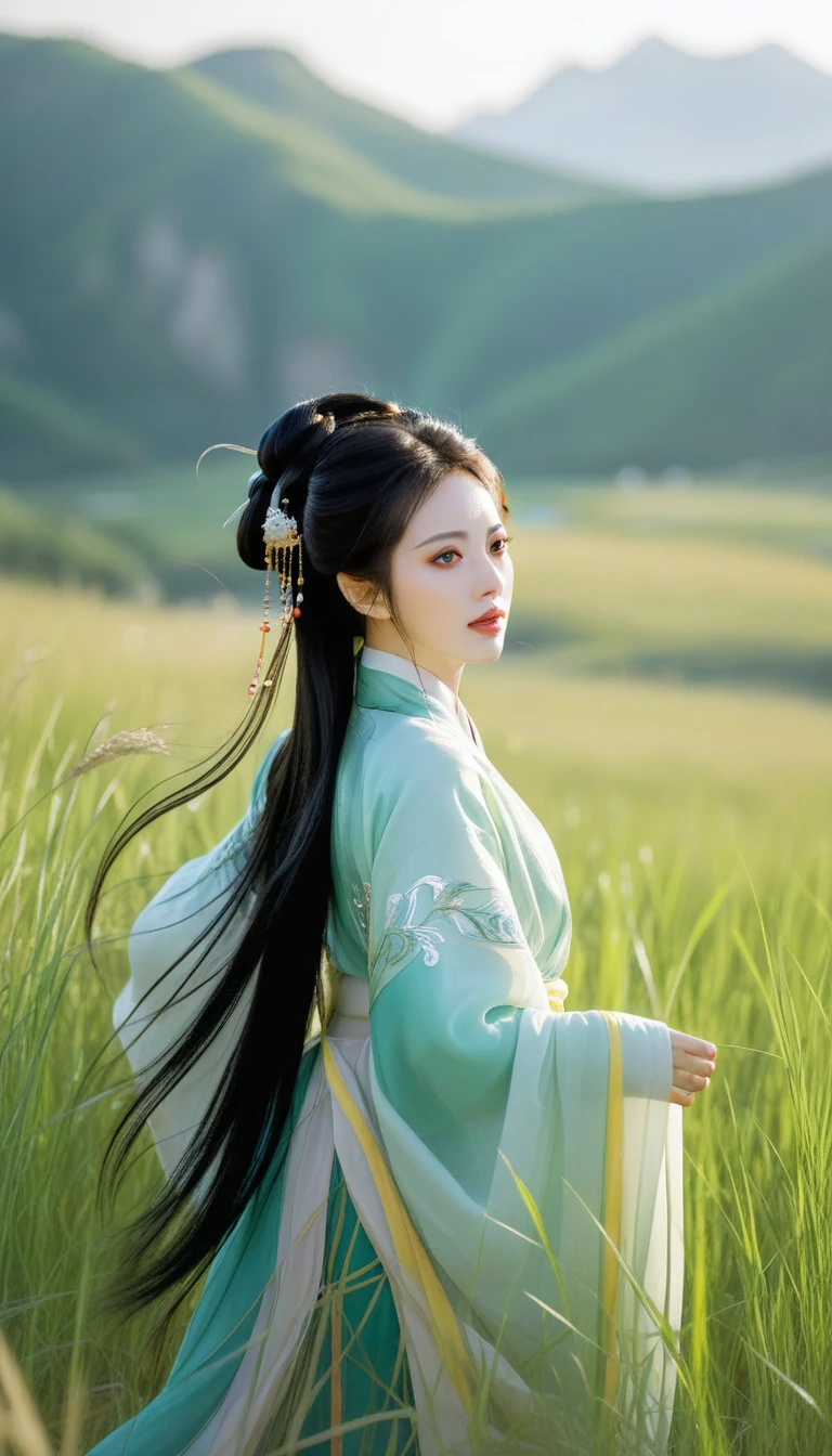 best quality,HD portrait photography, Looking at the audience,Female image wearing traditional Hanfu, Big breasts,summer,ruins,((Messy hair)),(grassland),(Yellow eyes),Ridiculous,(blond),Flowing hair,A large number of environments,middle Ages ,grace,prospect,Water Eye,wind,微wind,Divine Light,grassland,Mountains and lakes in the distance,The sun shines through the trees,A vast expanse of grassland,Pretty Face, beautiful eyes,