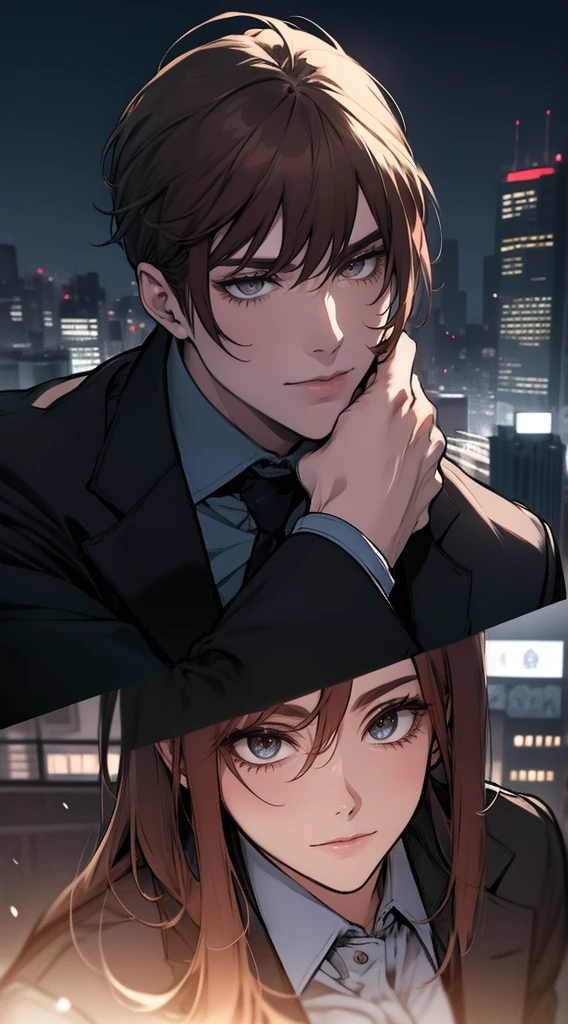 masutepiece, Best Quality, Realistic, 1man, matured male, Quiet and charming young man, 25 years old, closing eye, Serious look, extra detailed face, ((dark grey eyes)), ((Short right sweep dark brown hair)), [Thick eyebrows], detective, city, ((Blue color suit)), Cinematic lighting, gaze at the audience, Postural dynamics, Smirk