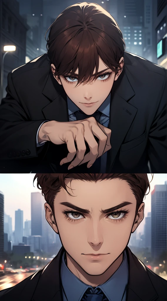 masutepiece, Best Quality, Realistic, 1man, matured male, Quiet and charming young man, 25 years old, closing eye, Serious look, extra detailed face, ((dark grey eyes)), ((Short right sweep dark brown hair)), [Thick eyebrows], detective, city, ((Blue color suit)), Cinematic lighting, gaze at the audience, Postural dynamics, Smirk
