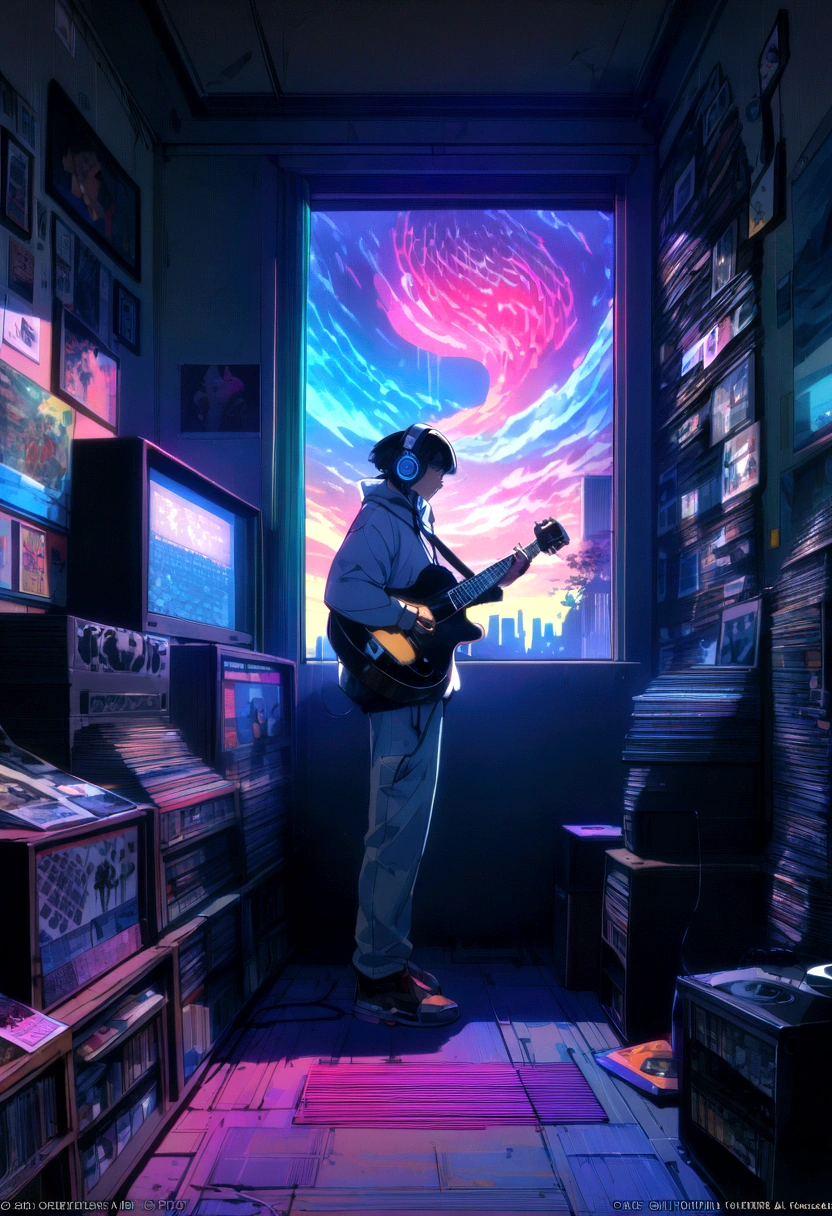 Photo of a man wearing headphones and listening to music, Text Why you?, Super detailed, Vintage Wave, cyber punk, Sad mood, Bright light coming through the window, nightの風景, One Bedroom, 2D, (Shot from a distance), Wide Shot, (Noise from the film), Old cartoons, (Many records: 1.3), vinyl record store, (masterpiece, Very high quality, Very high quality, Official Art, beautifully、aesthetic: 1.2), (Very detailed, (Fractal Art: 1.4 ), guitar, (Note: 1.4), (Lo-fi hip hop), Side view, Old Anime Texture, alone, speaker, cyber punk, vinyl, night