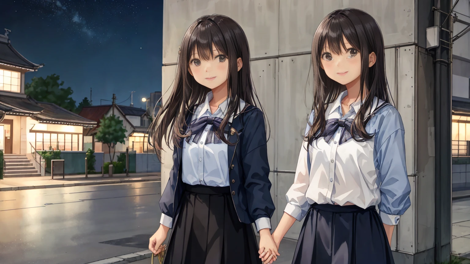 July summer night city background、若い男性が両手をポケットに入れてStanding still。Smiling, I look up at the evening sky。In the background of the city、A cool breeze is blowing between the buildings.。He has a short, neat hairstyle、A handsome man with a sweet smile、Hands in pockets。There was a cute girl standing next to me.、She is wearing a shirt and skirt and her long hair is blowing in the wind.。The two of them without holding hands、Standing still。