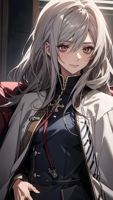 (Confused, High resolution, Very detailed), 1 female, Silver Hair,Long Hair,Reddish brown eyes,Blue and black military uniform,24th generation,beauty,mature,thin,quiet,Calm,sofa,A small smile,Long cloak,
