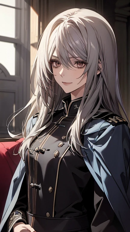 (Confused, High resolution, Very detailed), 1 female, Silver Hair,Long Hair,Reddish brown eyes,Blue and black military uniform,24th generation,beauty,mature,thin,quiet,Calm,sofa,A small smile,Long cloak,