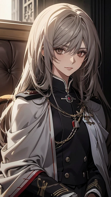 (Confused, High resolution, Very detailed), 1 female, Silver Hair,Long Hair,Reddish brown eyes,Blue and black military uniform,24th generation,beauty,mature,thin,quiet,Calm,sofa,A small smile,Long cloak,