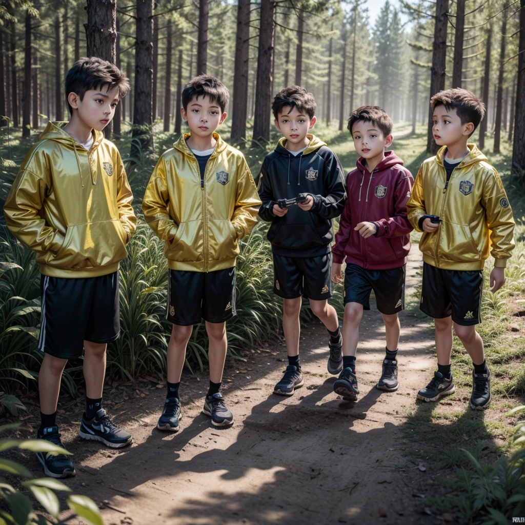 three male children, at 12 years old, detailed perfect face, 4K image, sportswear, searching for treasures, In the middle of the forest, metal detector, you are clear, gold bullion.