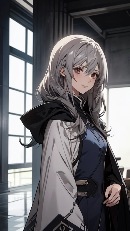 (Confused, High resolution, Very detailed), 1 female, Silver Hair,Long Hair,Reddish brown eyes,Blue and black pilot suit,24th generation,beauty,mature,thin,quiet,Calm,sofa,,Looks happy,White long cloak,