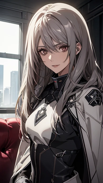 (Confused, High resolution, Very detailed), 1 female, Silver Hair,Long Hair,Reddish brown eyes,Blue and black pilot suit,24th generation,beauty,mature,thin,quiet,Calm,sofa,,Looks happy,White long cloak,