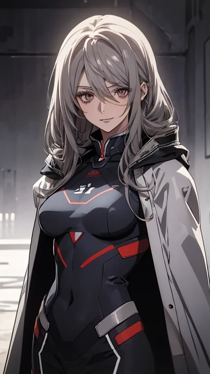 (Confused, High resolution, Very detailed), 1 female, Silver Hair,Long Hair,Reddish brown eyes,Blue and black pilot suit,24th generation,beauty,mature,thin,quiet,Calm,sofa,,Looks happy,White long cloak,
