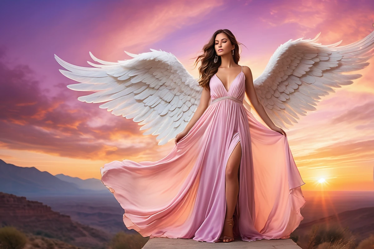 Create full body an image of a female angel standing in from of the camara, featuring large, detailed wings. The scene should be set against a dramatic sunset sky with a warm, ethereal glow. Emphasize the soft hues of pink pastel, and purple in the sky, creating a harmonious blend with the angel's wings. The angel should have long, flowing hair and wear a flowing gown that complements the serene and divine atmosphere. The overall mood of the image should be mystical and celestial, capturing the tranquil beauty of the angel and the stunning sunset backdrop. color palette #87595B , #55505a , #BA796F , #EBAE92 , #39282E