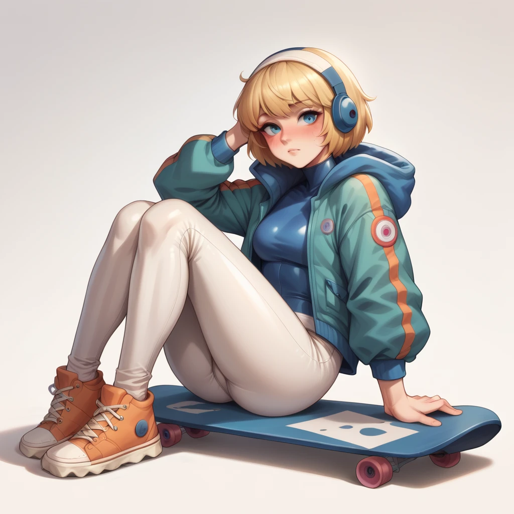 1girl, solo, white background, wattson, masterpiece, highly detailed, blue eyes, blonde hair, short hair, Fluorescent green jacket, Rubber Gloss, white rubber skinsuit, Yellow skateboard shoes,  white pants, blush, plain background