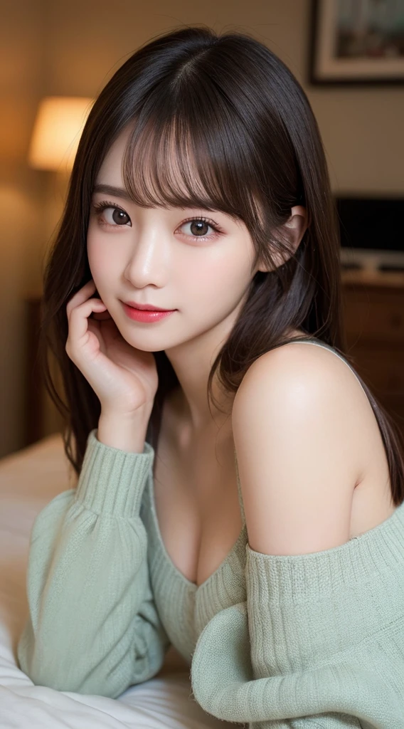 Tabletop, Highest quality, shape, Very detailed, finely, High resolution, 8K壁紙完璧なダイナミックな構shape, Beautiful and detailed, Off-the-shoulder dress, Small breasts, Natural color lip,優しいsmile,20-year-old girl、美しくDetailed face、Perfect and beautiful face,Big eyes、美しくDetailed face、Perfect and beautiful double eyelids、Blur the background、Feminine poses、Slim face and figure、Straight hair、Bedroom、Lie down in bed、 (Get closer to the face, Make your face bigger, Face Focus:1.0), break, (masterpiece, Highest quality, Very detailed, Detailed face, 8K)、Actual Photos(Best image quality)、Shoot from below、look up、K-POPアイドルフェイス、smile