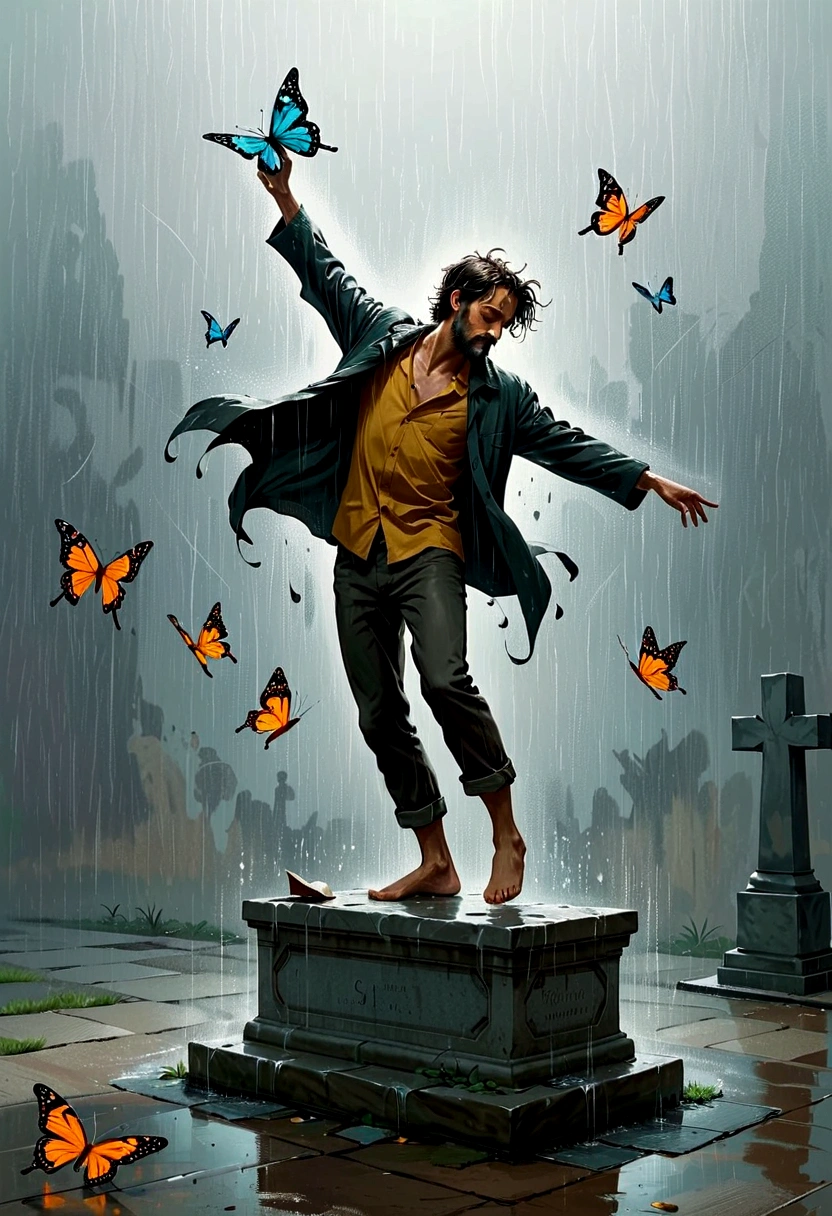 Gothic Art：A homeless man dancing alone in the rain， souls，Standing barefoot on a tombstone，Loose and worn clothes，Professional ballet movements，Butterflies chasing fingertips，Very contagious，Splash，Light and Shadow，Minimalism，artistic conception，Clean background