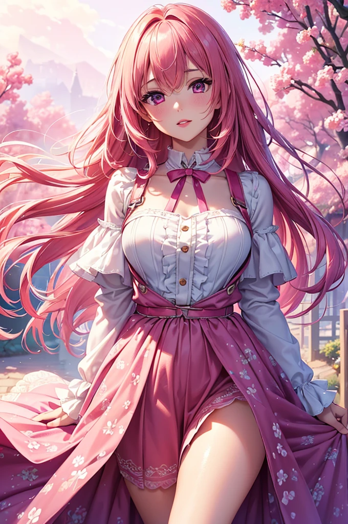 (best quality at best, 8K, a high resolution, masterpiece:1.2), digital artwork, one girl, detailed face, detailed eyes, pink hair, long straight hair, glowing purple eyes, red lips, suspenders, fantasy landscape, vibrant colors, soft lighting, whimsical atmosphere, blooming flowers, flowing dress, delicate details, ethereal background, dreamy aura