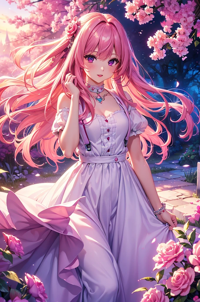 (best quality at best, 8K, a high resolution, masterpiece:1.2), digital artwork, one girl, detailed face, detailed eyes, pink hair, long straight hair, glowing purple eyes, red lips, suspenders, fantasy landscape, vibrant colors, soft lighting, whimsical atmosphere, blooming flowers, flowing dress, delicate details, ethereal background, dreamy aura