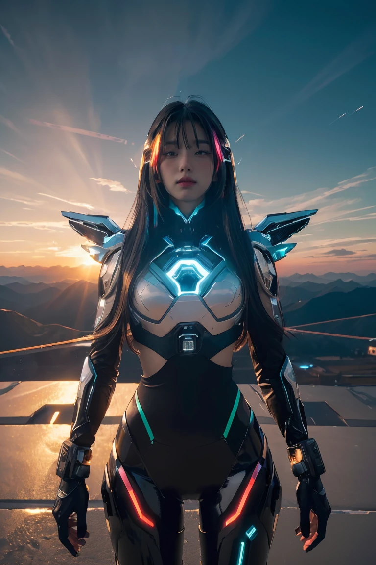 ((masterpiece, best quality, extremely detailed), volumetric lighting, ambient occlusion, colorful, glowing), 
1girl, solo, young girl, (dark hair), long hair, halo, aura, sacred, godness, cyber suit, (random-colored outfit:1.3), android, bot, cybernetic wings,
outdoors, sunset, sky, clouds, space, (cyberpunk theme:1.2),