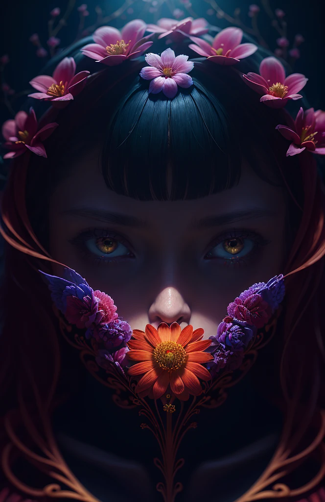 A flower by Casey Weldon, Olga Kvasha, Miho Hirano, deep color, fantastical, intricate detail, splash screen, complementary colors, fantasy concept art, 8k resolution, gothic deviantart masterpiece, (dark shot:1.4), art by greg rutkowski and artgerm, soft cinematic light, adobe lightroom, photolab, hdr, intricate, highly detailed, (depth of field:1.4)