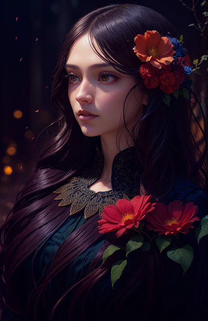 A flower by Casey Weldon, Olga Kvasha, Miho Hirano, deep color, fantastical, intricate detail, splash screen, complementary colors, fantasy concept art, 8k resolution, gothic deviantart masterpiece, (dark shot:1.4), art by greg rutkowski and artgerm, soft cinematic light, adobe lightroom, photolab, hdr, intricate, highly detailed, (depth of field:1.4)
