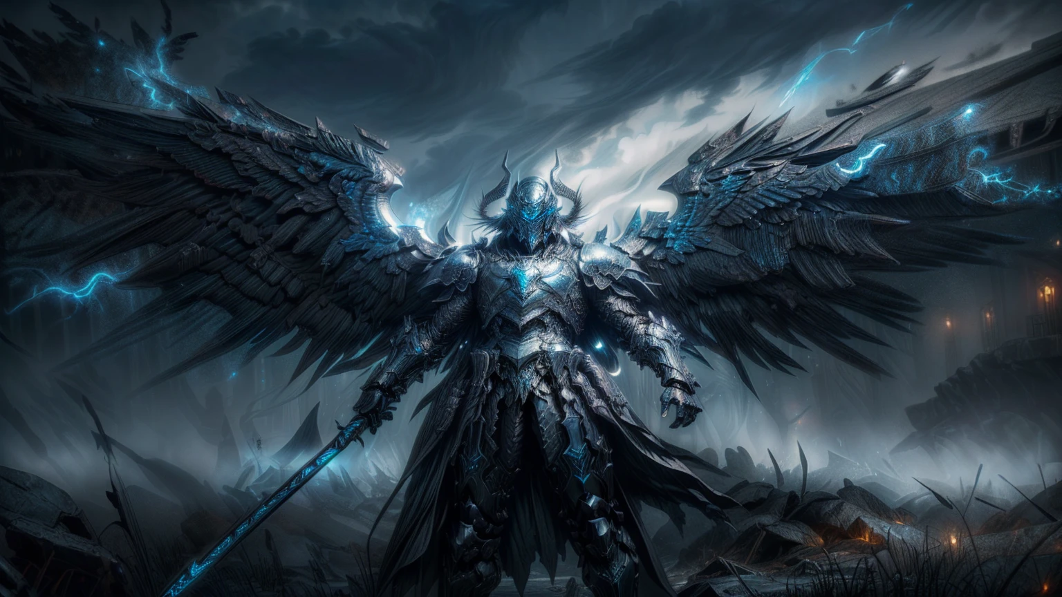  dark fantasy aestetics, elden ring, elden ring style dark night, dim light, huge wings made of grey and blue fire, death knight, black armour, knight covered in grey fire, ornamented helmet, winged helmet, ornamented armour, beautiful armour, horrifing beauty, standing with the gungnir spear, big grass field on the background, dark fantasy, horror, dnd, atmospheric perspective, perspective, wide shot, 4K, 8k, highres, high quality, masterpiece, best quality