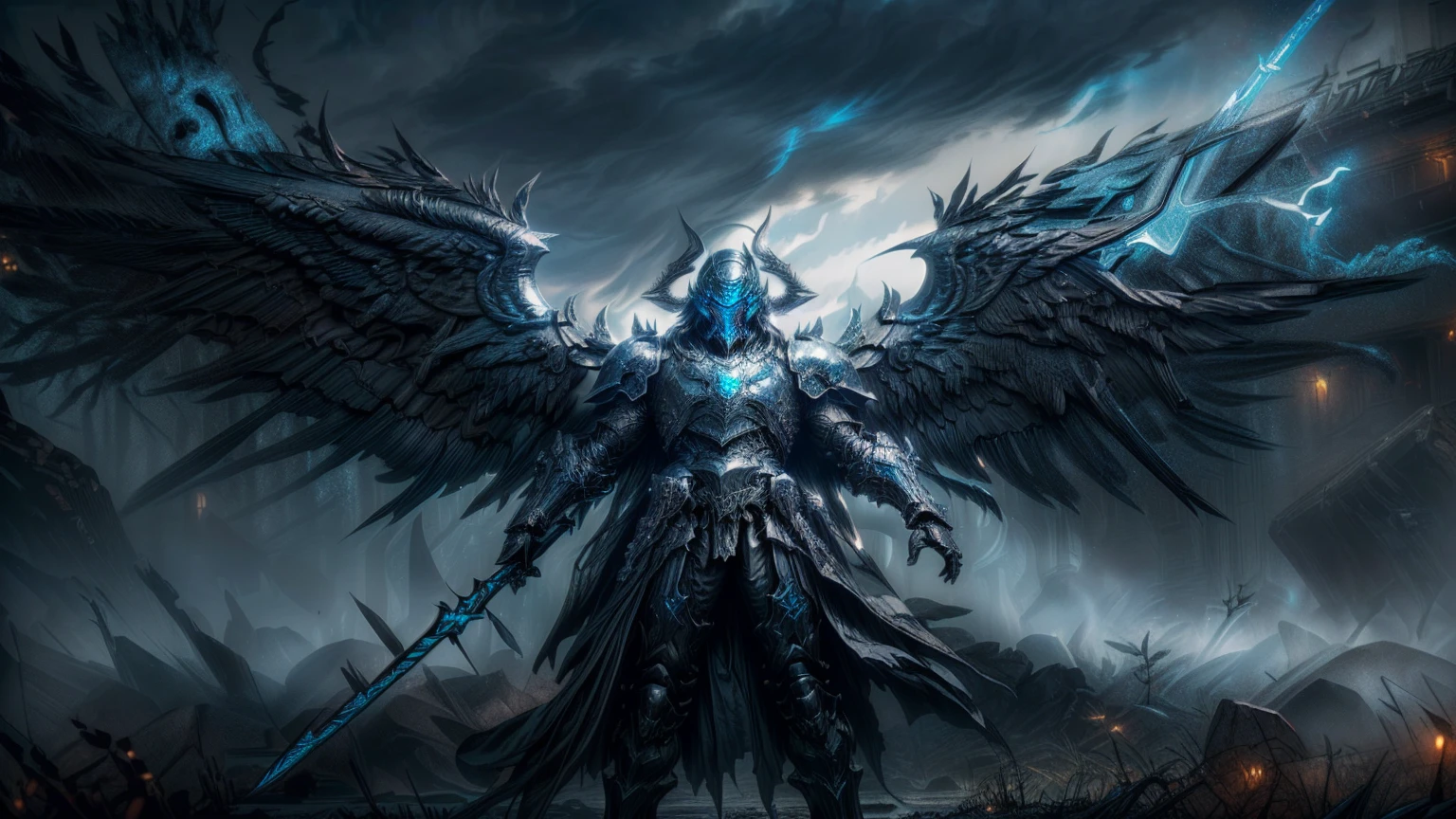  dark fantasy aestetics, elden ring, elden ring style dark night, dim light, huge wings made of grey and blue fire, death knight, black armour, knight covered in grey fire, ornamented helmet, winged helmet, ornamented armour, beautiful armour, horrifing beauty, standing with the gungnir spear, big grass field on the background, dark fantasy, horror, dnd, atmospheric perspective, perspective, wide shot, 4K, 8k, highres, high quality, masterpiece, best quality