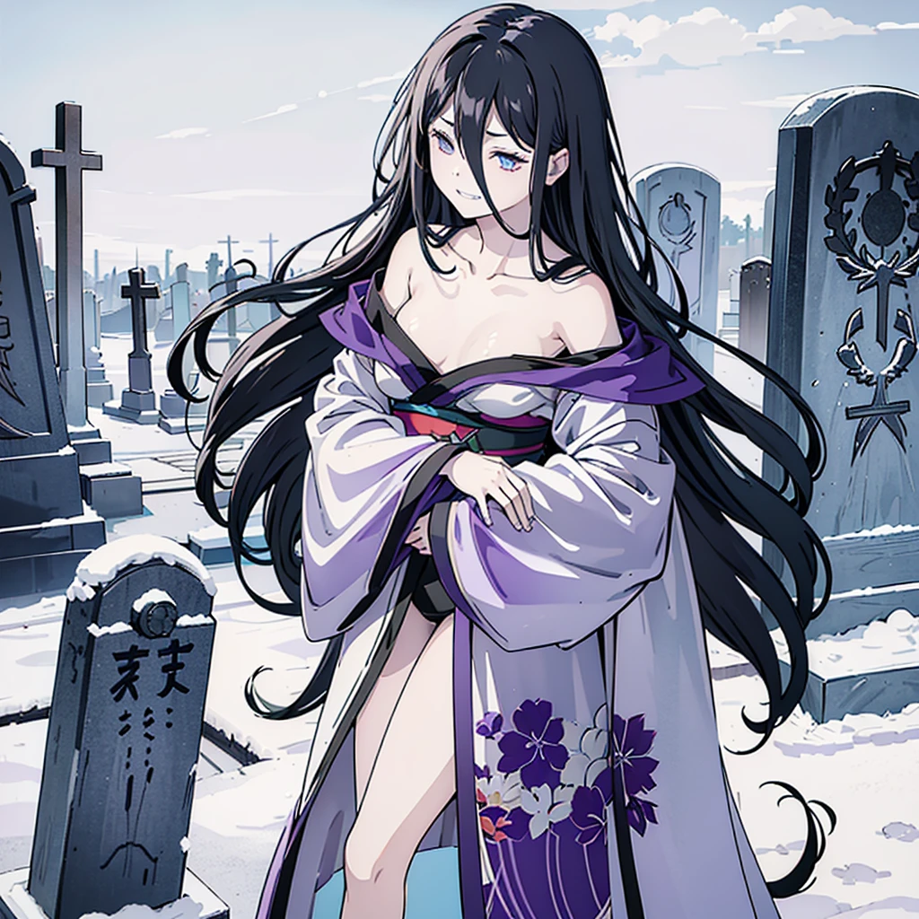 (Highest quality), (masterpiece),Black Hair, Purple Eyes, Purple kimono, Exposing shoulders, ,Fair skin, Long Hair, Long Bangs,  Small breasts, Confused eyes, snow, sexy, Cemetery, Cross Grave, jitome, evil grin smile, indian style, half closed eyes, Off Shoulder, ass pov, pale skin, flat chest, wavy hair, graveyard