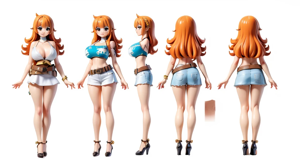 ((Best Quality)), ((Masterpiece)), (((detailed character sheet, frontal view, side view, three quarter view))) white background、one piece、whole body、whole bodyイラスト、denim、Tank top、High heels、Swimwear、New World、Long Hair、Orange Hair、Tattoo on left arm、Ring belt、Heighten your head、smile、Cute face、Big Breasts、Narrow waist、Long legs、Beautiful feet、