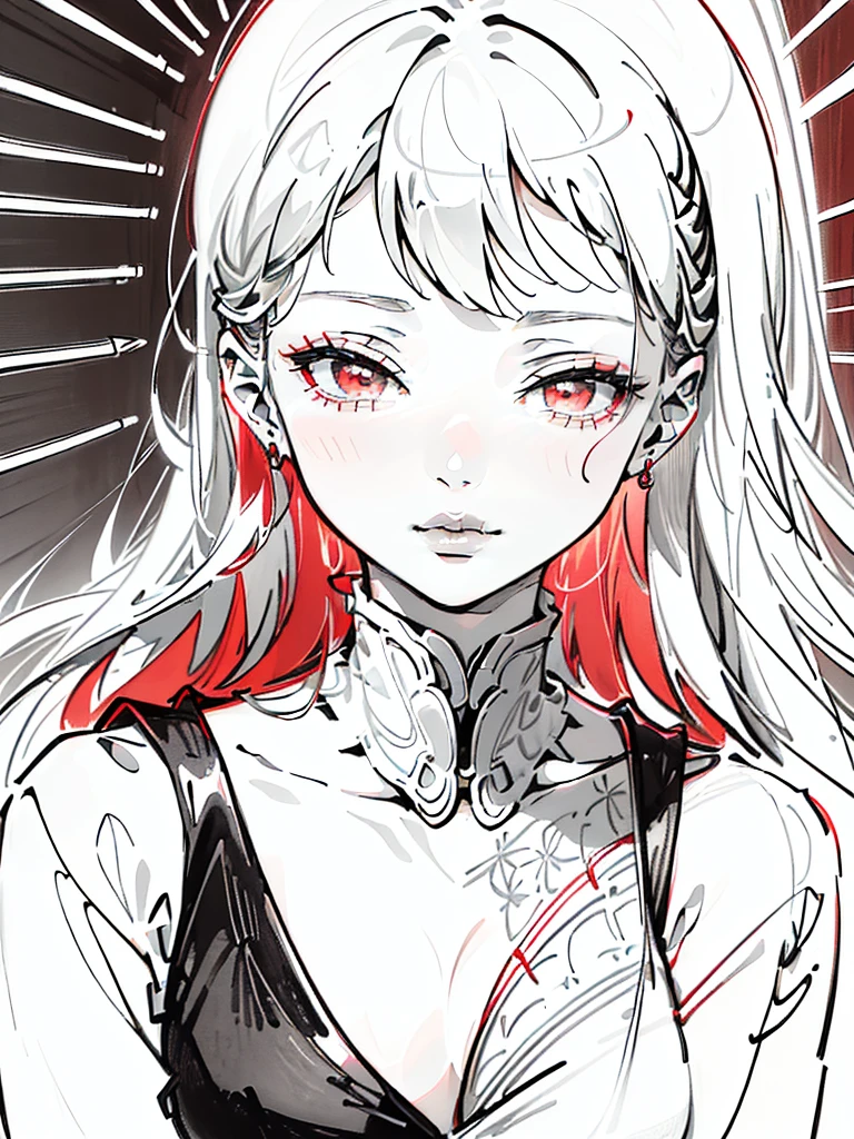 (((Pencil Art:1.2、line drawing、Black and white art:1.2)))、(lips are red:1.5)、Black and white world、silence、none、An ennui look、Precise、master piece:1.5