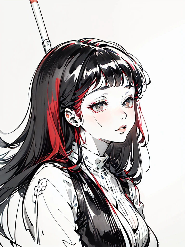 (((Pencil Art:1.2、line drawing、Black and white art:1.2)))、(lips are red:1.5)、Black and white world、silence、none、An ennui look、Precise、master piece:1.5