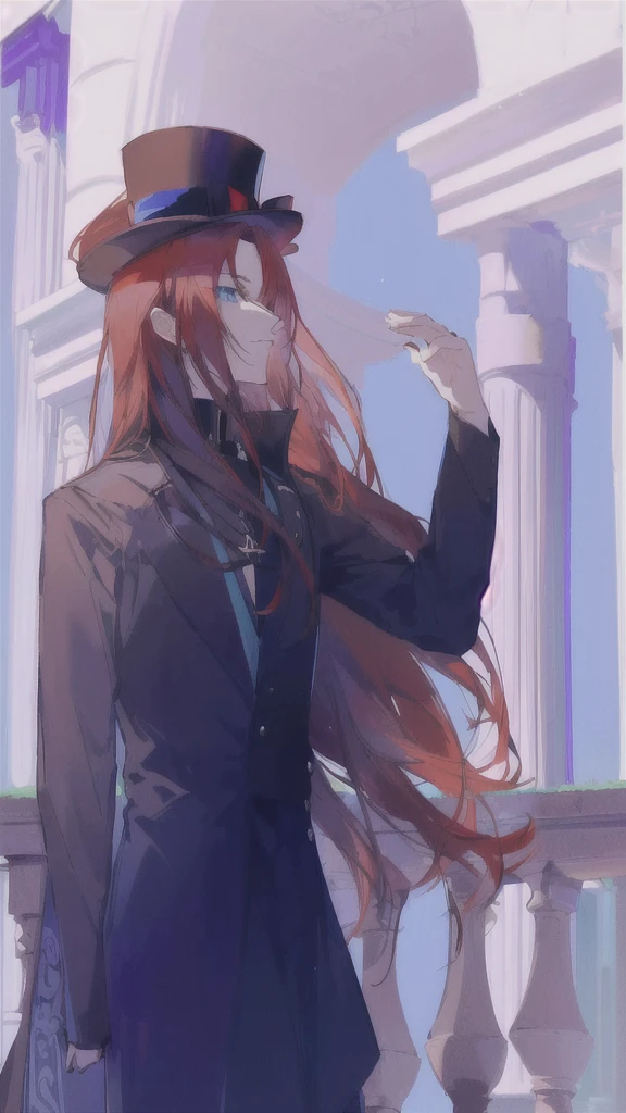 anime girl with long red hair wearing a hat and black coat, delicate androgynous prince, beautiful androgynous prince, zerochan art, made with anime painter studio, inspired by Yamagata Hiro, tall anime guy with blue eyes, handsome anime pose, he is wearing a top hat, zerochan, tipping his fedora, unknown artstyle