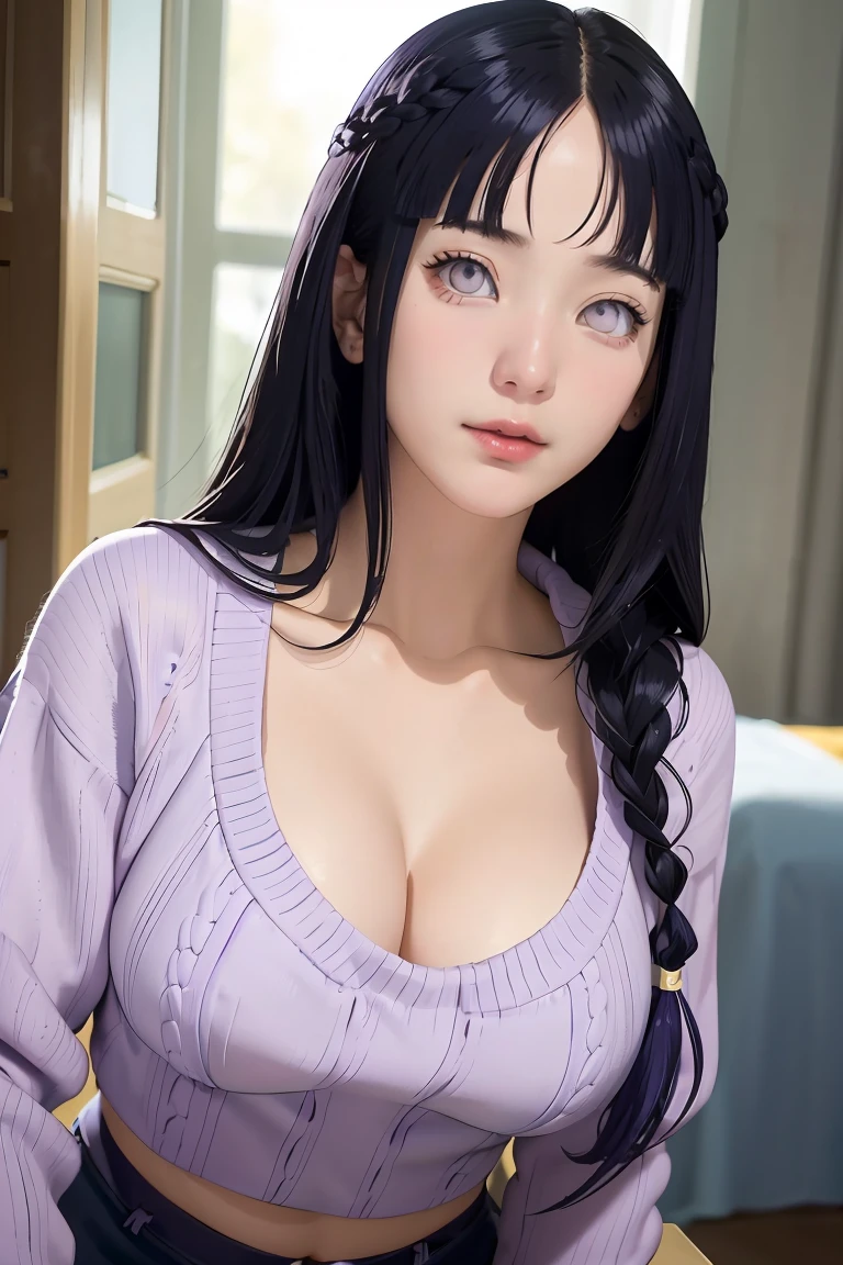 tmasterpiece， best qualityer， ultra - detailed， illustration，1girll，
long whitr hair，dark-blue hair，french braid，Purple eye，bluntbangs，cleavage，Large breasts
sweater
mideum breasts， 
looking at viewert，hyouka/（Boruto/），Detailed lips