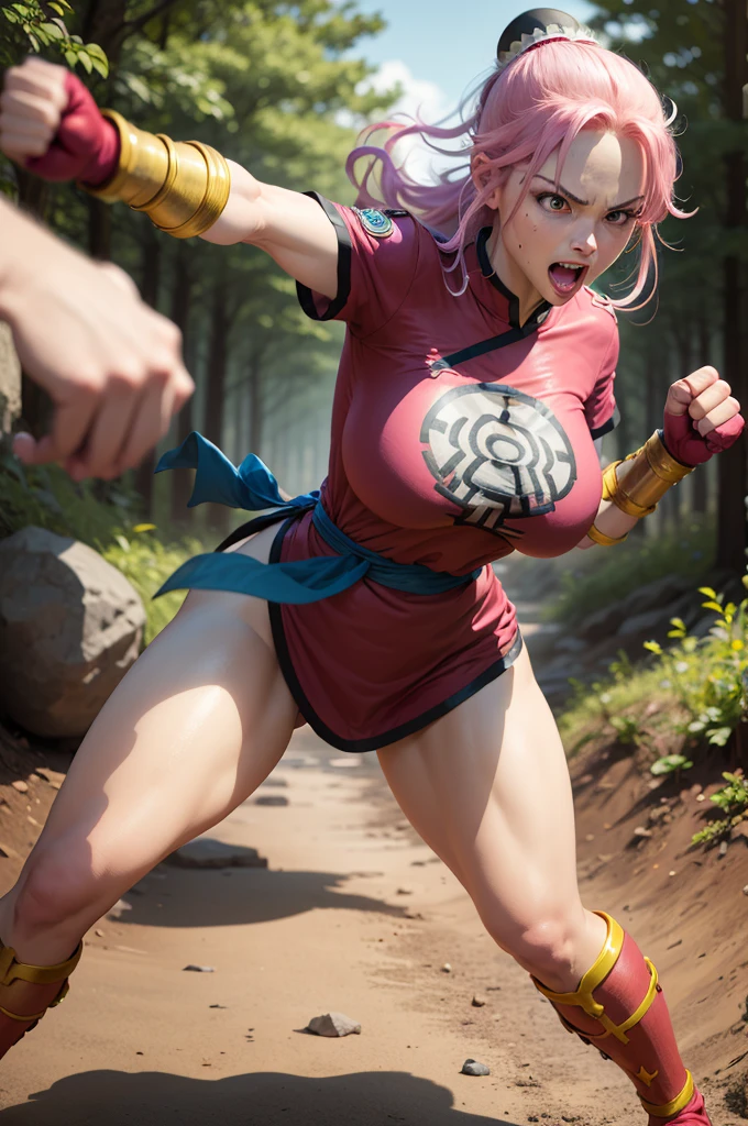 maam,big breasts,beautifuleyes,narrow waist,realistic,solo,outdoor,forest, martialMaam,pink hair,hair bun,long hair,china dress,short sleeves,sash,fingerless gloves,beautiful legs, clenched fists, (action pose,:1.1), (masterpiece, best quality:1.1), (open mouth, clenched fist, action pose,:1.1), ((fight against)), (ambush), maam, dragon quest,